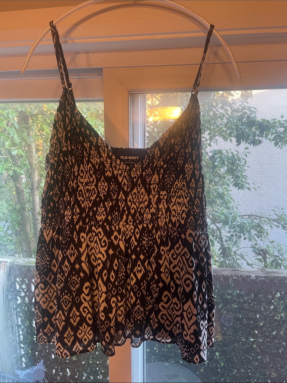 Old Navy Black and Cream Smocked Spaghetti-Strap Tank